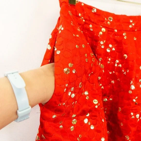 LAUREN MOFFATT Womens Red Gold Mini Skirt 10 MEDIUM High Waist Polka Dot Pleated - Picture 11 of 13